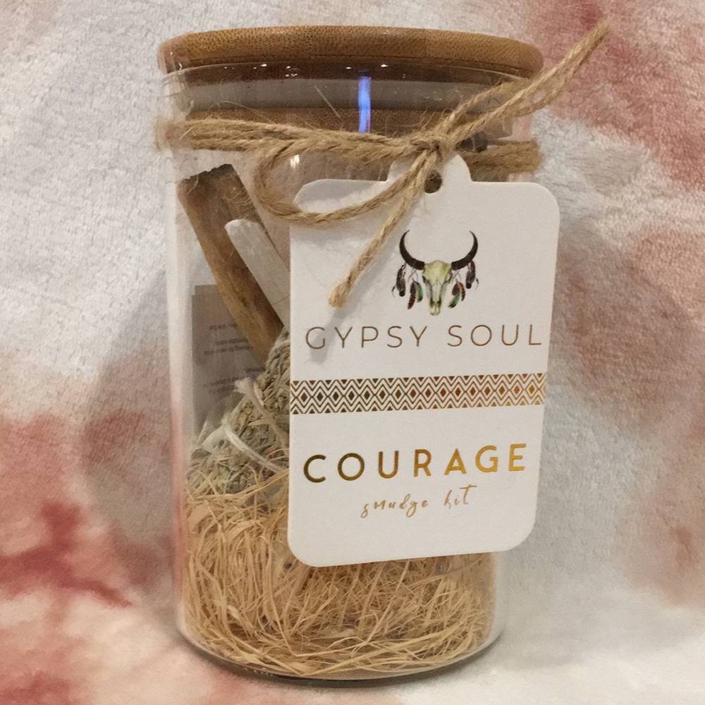 Gypsy Soul Courage Smudge Kit NWT Glass Coastal Sage Feather quartz crystal.